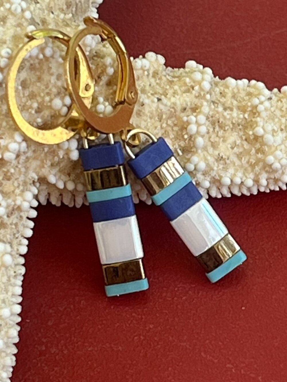 Coastal Tila Bead Drop Earrings | Beachy Aqua Blue White Bronze Modern Boho